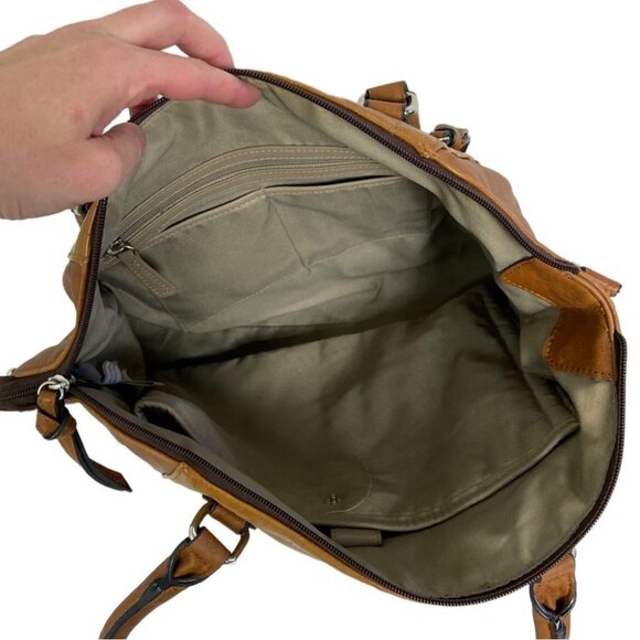 Brown Tan Faux Leather Shoulder Bag Purse Laptop Tablet Pouch Pockets Vinyl Zip - Picture 8 of 15